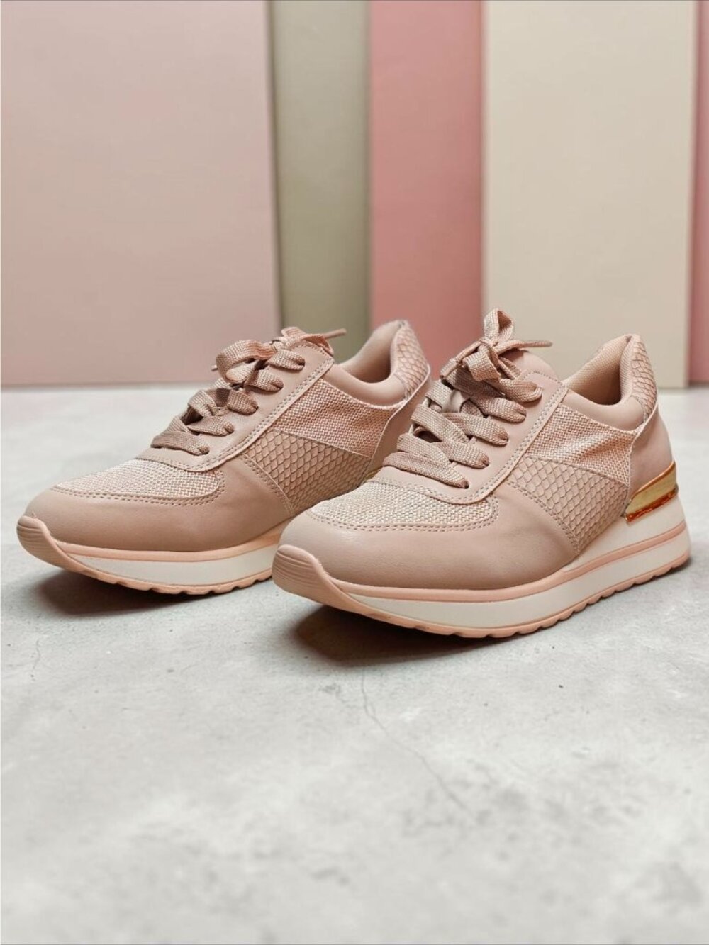 Blush Pink Womens Sneakers With Mesh Paneling & Gold Heel Accent - Picture 12 of 14
